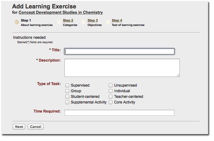 Screenshot from MERLOT shoing the add learning exercise box